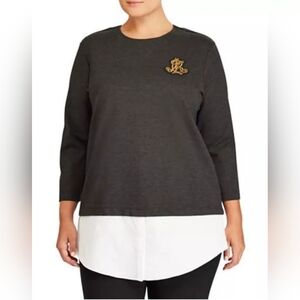 Lauren Ralph Lauren Layered Crest Top Preppy Two-Tone Tunic Blouse Fits Smaller